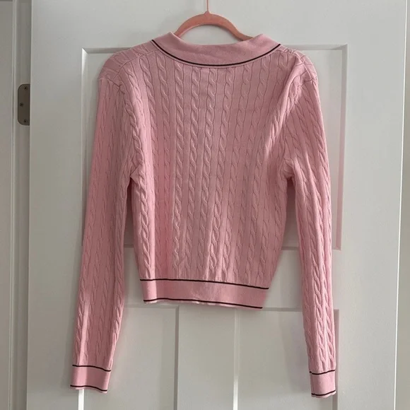Pink Cable Knit Cardigan with Brown Trim - Picture 3 of 3